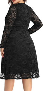 Plus Size Black Lace Long Sleeve Cocktail Dress