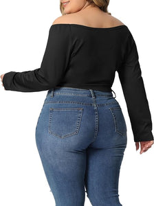 Plus Size Black Cross Wrap Long Sleeve Crop Top