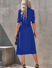 Load image into Gallery viewer, Fall Fashion Blue Button Down Long Sleeve Belted Dress