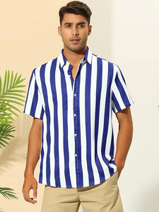 Men's Black & White Striped Button Down Short Sleeve Shirt