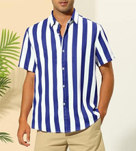 Load image into Gallery viewer, Men&#39;s Blue &amp; White Striped Button Down Short Sleeve Shirt
