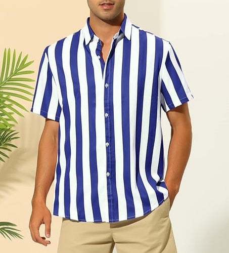 Men's Blue & White Striped Button Down Short Sleeve Shirt