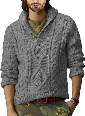 Men's Grey Cable Knit Long Sleeve Button Neck Sweater