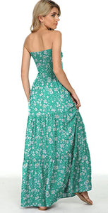 Boho Beach Strapless Floral Green Maxi Dress