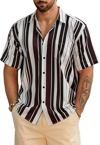 Men's Vacation Striped Summer Short Sleeve Wine Red Striped Shirt