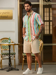 Men's Vacation Striped Summer Short Sleeve Green Striped Shirt