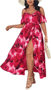 Plus Size Red Floral Cut Out Shoulder Maxi Dress