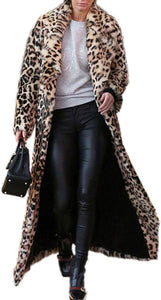 Winter Brown Cheetah Print Faux Fur Long Sleeve Trench Coat