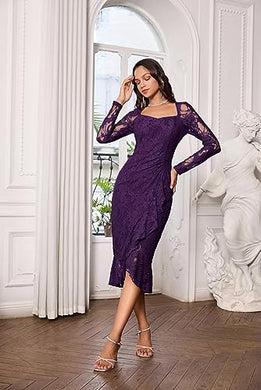 Beautiful Lace Purple Long Sleeve Midi Dress