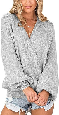 Chic Loose Fit Light Grey Long Sleeve Wrap Sweater