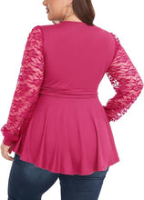 Load image into Gallery viewer, Plus Size Pink V Neck Lace Sleeve Peplum Knit Top