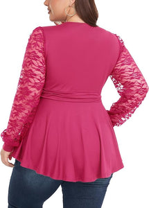 Plus Size Pink V Neck Lace Sleeve Peplum Knit Top