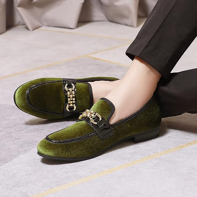 Men's Formal Hunter Green Velvet Fashionable Dress Loafer Shoes