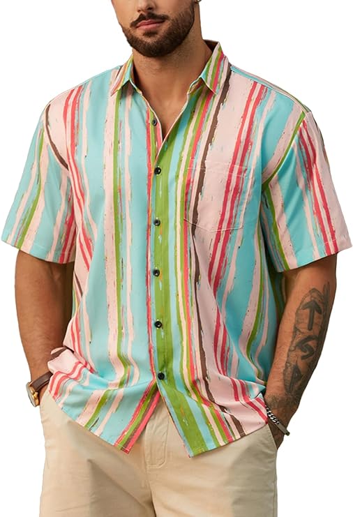 Men's Vacation Striped Summer Short Sleeve Green Striped Shirt