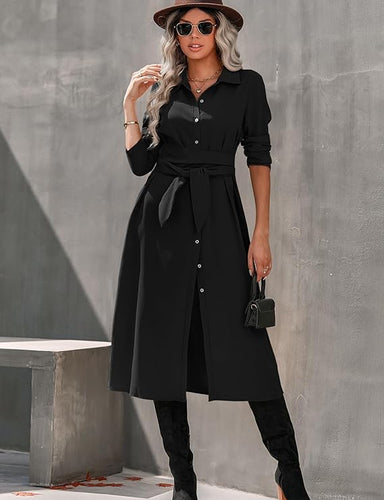 Fall Fashion Black Button Down Long Sleeve Belted Dress