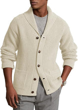 Load image into Gallery viewer, Men&#39;s Light Beige Knit Shawl Ribbed Button Knit Long Sleeve Cardigan