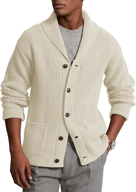 Men's Light Beige Knit Shawl Ribbed Button Knit Long Sleeve Cardigan