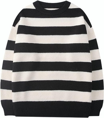 Striped Knit Loose Fit White/Black Long Sleeve Sweater