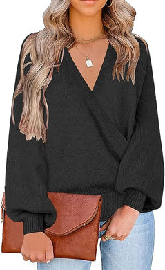 Chic Loose Fit Black Long Sleeve Wrap Sweater