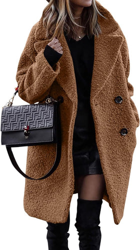 Fashionable Brown Sherpa Lapel Long Sleeve Trench Coat