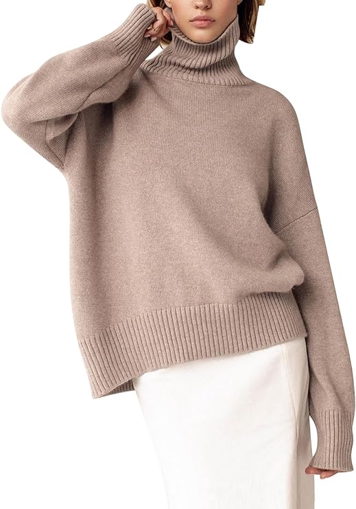 Fashionable Beige Turtleneck Style Long Sleeve Sweater