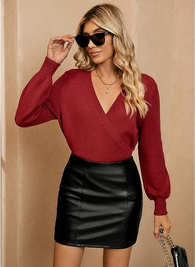 Chic Loose Fit Haute Red Long Sleeve Wrap Sweater