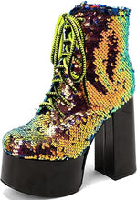 Load image into Gallery viewer, Lace Up Glitter Sequin 14 Gold/Green Combat Boots