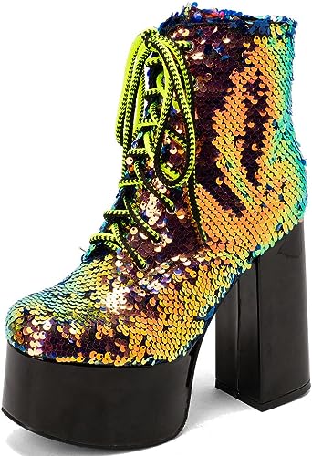 Lace Up Glitter Sequin 14 Gold/Green Combat Boots