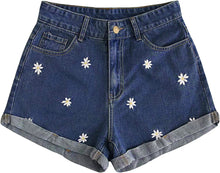 Load image into Gallery viewer, High Waist Light Blue Sunflower Denim Shorts