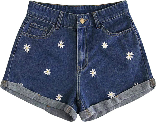 High Waist Dark Blue Sunflower Denim Shorts