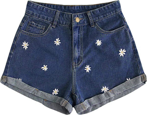 High Waist Light Blue Sunflower Denim Shorts