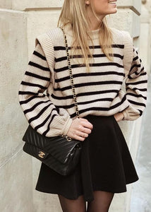 Casual Knit Black Striped Lantern Sleeve Knit Sweater