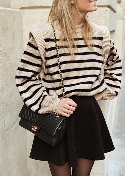 Casual Knit Beige Striped Lantern Sleeve Knit Sweater