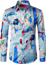Load image into Gallery viewer, Men&#39;s Luxury Satin Blue Art Deco Long Sleeve Dress Shirt