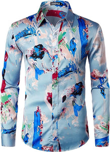 Men's Luxury Satin Blue Art Deco Long Sleeve Dress Shirt