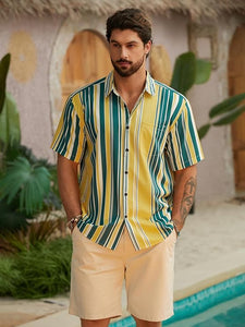 Men's Vacation Striped Summer Short Sleeve Beige Striped Shirt