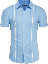 Load image into Gallery viewer, Men&#39;s Cuban Style Striped Short Sleeve Light Blue Shirt