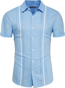 Men's Cuban Style Striped Short Sleeve Light Blue Shirt