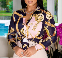 Load image into Gallery viewer, Plus Size Luxury Black/Gold Satin Silk Button Down Long Sleeve Blouse