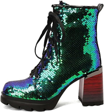 Lace Up Glitter Sequin 9cm-green Combat Boots