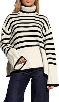 Fall Chic Striped Turtleneck Long Sleeve White Sweater