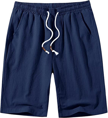 Men's Navy Blue Linen Drawstring Casual Summer Shorts