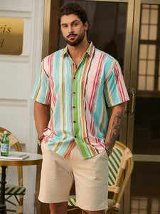 Men's Vacation Striped Summer Short Sleeve Green Striped Shirt