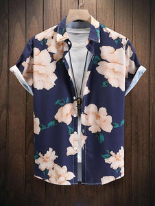 Men's Summer Floral Printed Short Sleeve A-deep Blue Shirt
