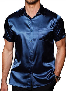 Men's Satin Blue Button Up Short Sleeve Shirt