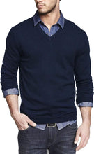 Load image into Gallery viewer, Men&#39;s Soft Knit Navy Blue V Neck Long Sleeve Sweater