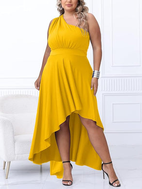 Plus Size Yellow One Shoulder Cascading Ruffle Maxi Dress
