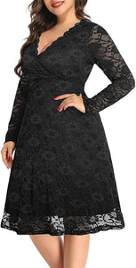 Plus Size Black Lace Long Sleeve Cocktail Dress