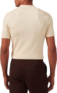 Men's Knit Collar Short Sleeve Striped Beige Shirt