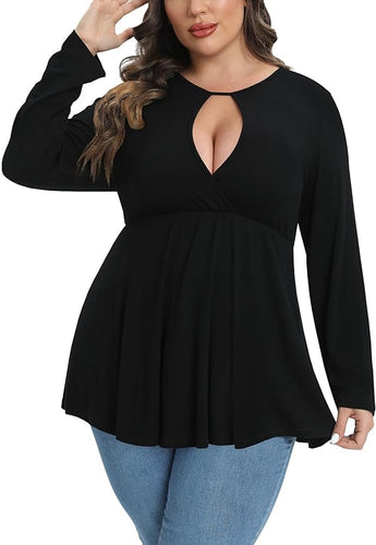 Plus Size Black Long Sleeve Keyhole Flare Top